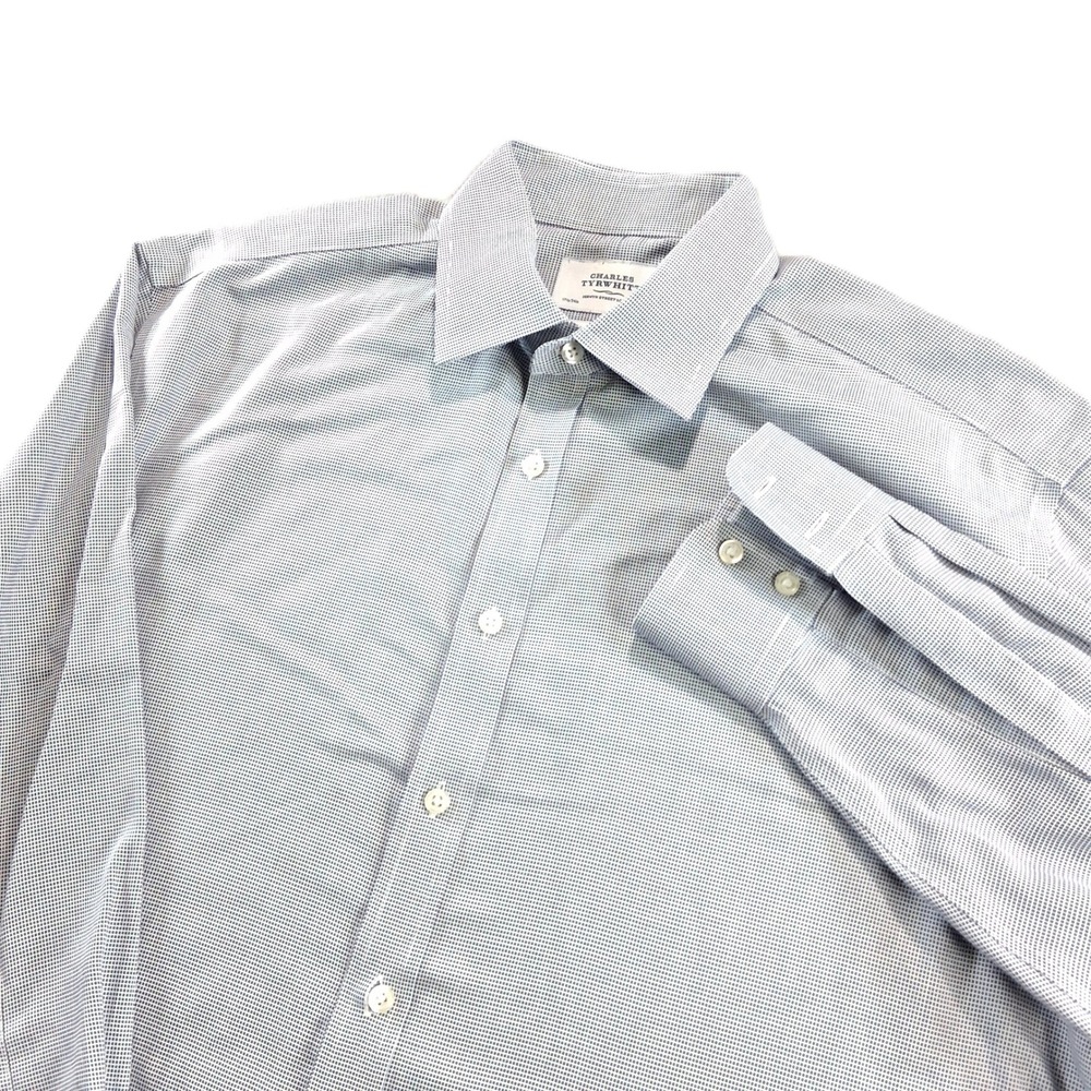 Charles Tyrwhitt Dress Shirt 17.5/34 Light Blue Classic Fit Non Iron Micro Check